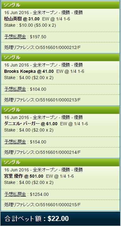 全米オープン2016優勝ベット2